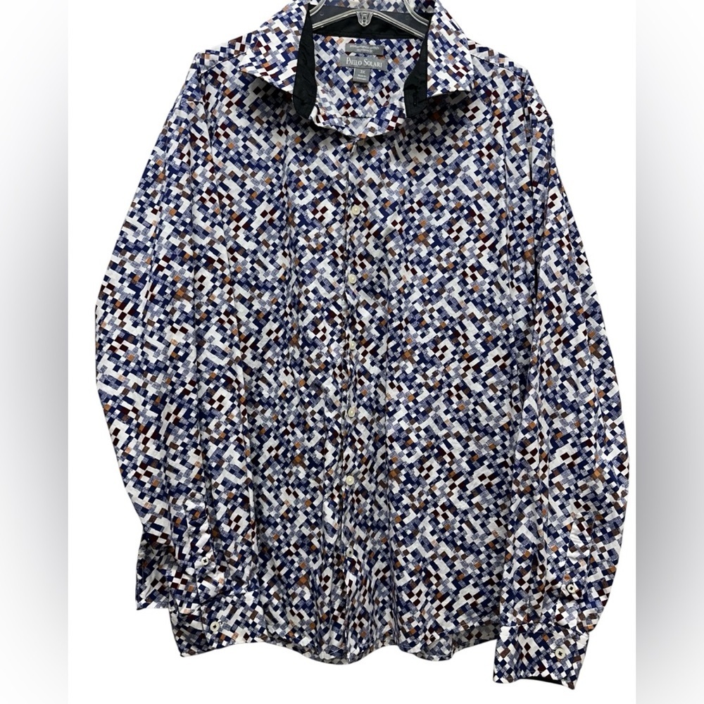PAULO SOLARI MODERN FIT BUTTON SHIRT, "TECHY" PRINT BLUE MULTI ON WHITE, SZ 3X